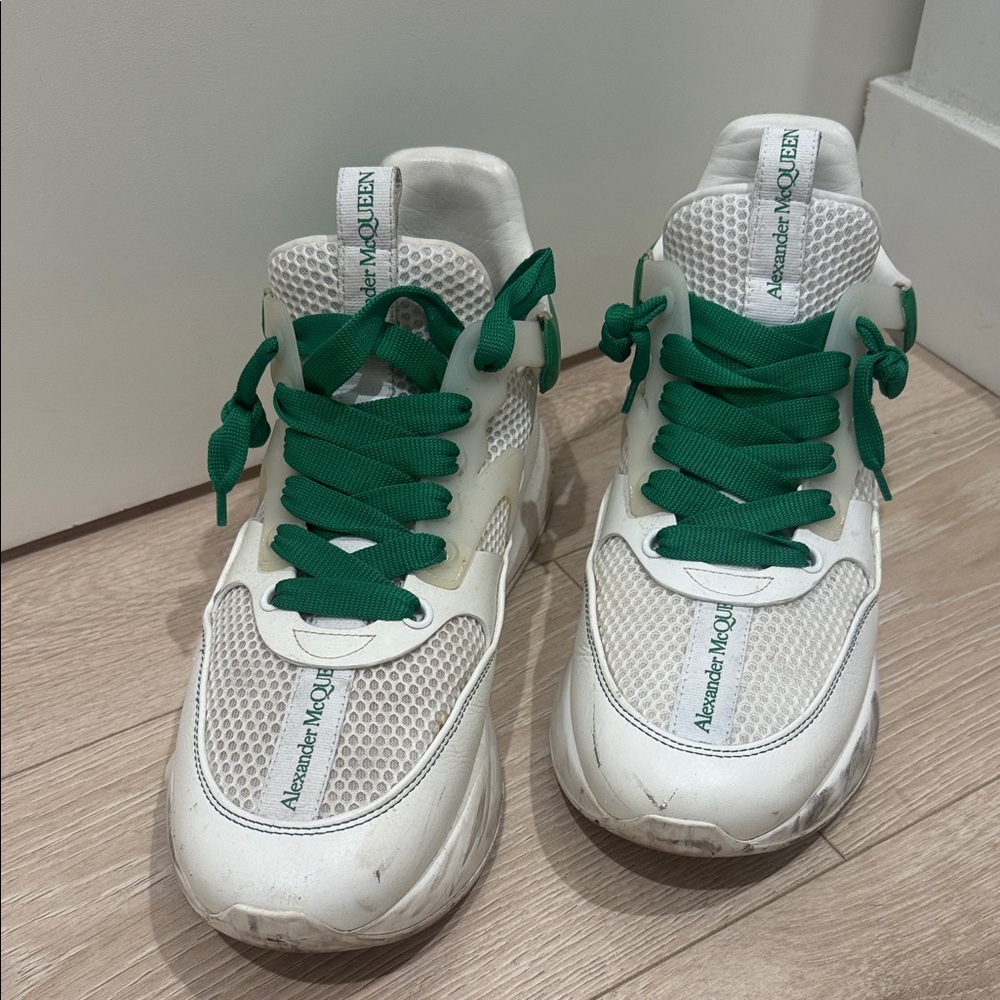 Alexander McQueen White Mesh and Leather Sneakers with Green Laces